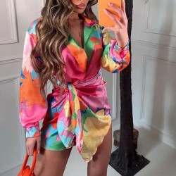 Women Fashion Multicolor Print Lantern Sleeve Lace-Up Asymmetrical Dress Women Fashion Multicolor Print Lantern Sleeve Lace-Up Asymmetrical Dress
