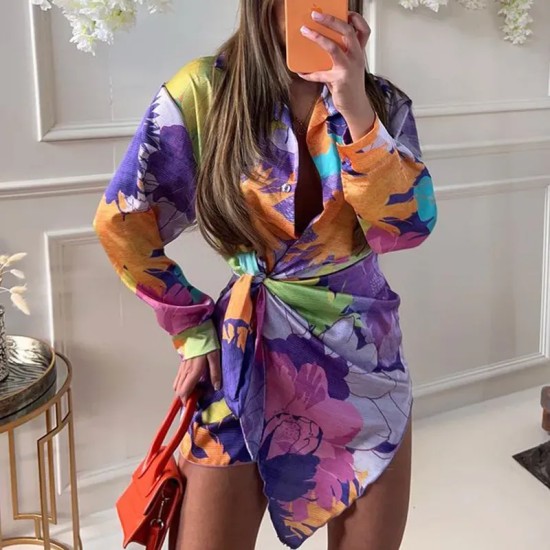 Women Fashion Multicolor Print Lantern Sleeve Lace-Up Asymmetrical Dress Women Fashion Multicolor Print Lantern Sleeve Lace-Up Asymmetrical Dress