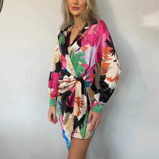 Women Fashion Multicolor Print Lantern Sleeve Lace-Up Asymmetrical Dress Women Fashion Multicolor Print Lantern Sleeve Lace-Up Asymmetrical Dress