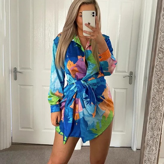 Women Fashion Multicolor Print Lantern Sleeve Lace-Up Asymmetrical Dress Women Fashion Multicolor Print Lantern Sleeve Lace-Up Asymmetrical Dress