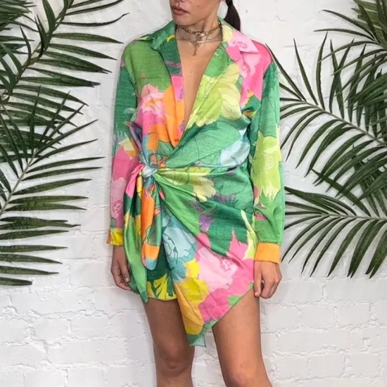 Women Fashion Multicolor Print Lantern Sleeve Lace-Up Asymmetrical Dress Women Fashion Multicolor Print Lantern Sleeve Lace-Up Asymmetrical Dress