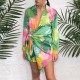 Women Fashion Multicolor Print Lantern Sleeve Lace-Up Asymmetrical Dress Women Fashion Multicolor Print Lantern Sleeve Lace-Up Asymmetrical Dress