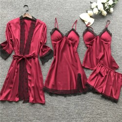 Women Sexy Solid Color Four-Piece Sling Pajamas Women Sexy Solid Color Four-Piece Sling Pajamas