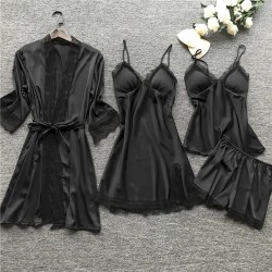 Women Sexy Solid Color Four-Piece Sling Pajamas Women Sexy Solid Color Four-Piece Sling Pajamas