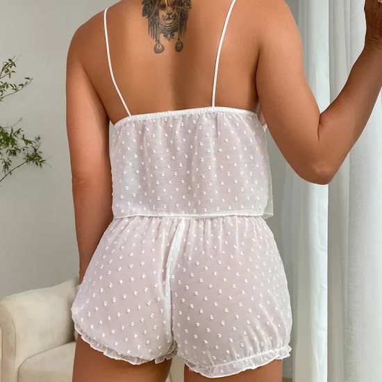 Women Fashion Sexy Deep V Wave Dot Sling Mesh Pajamas Set Women Fashion Sexy Deep V Wave Dot Sling Mesh Pajamas Set