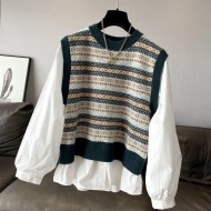 Women Fashion Casual Stitching Fake Two-Piece Knitted Long-Sleeve Loose Blouse Women Fashion Casual Stitching Fake Two-Piece Knitted Long-Sleeve Loose Blouse