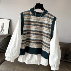 Women Fashion Casual Stitching Fake Two-Piece Knitted Long-Sleeve Loose Blouse Women Fashion Casual Stitching Fake Two-Piece Knitted Long-Sleeve Loose Blouse