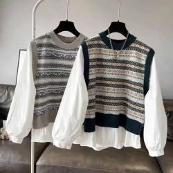 Women Fashion Casual Stitching Fake Two-Piece Knitted Long-Sleeve Loose Blouse Women Fashion Casual Stitching Fake Two-Piece Knitted Long-Sleeve Loose Blouse