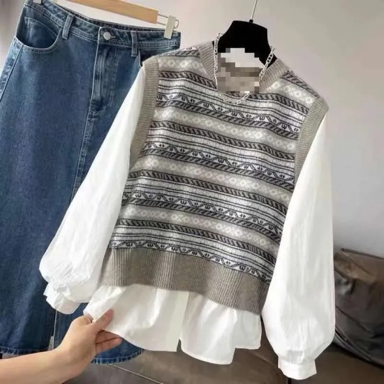 Women Fashion Casual Stitching Fake Two-Piece Knitted Long-Sleeve Loose Blouse Women Fashion Casual Stitching Fake Two-Piece Knitted Long-Sleeve Loose Blouse