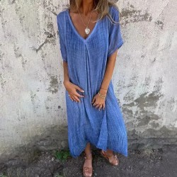 Women Casual Solid Color Cotton Linen V-Neck Short Sleeve Loose Dress Women Casual Solid Color Cotton Linen V-Neck Short Sleeve Loose Dress