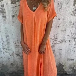 Women Casual Solid Color Cotton Linen V-Neck Short Sleeve Loose Dress Women Casual Solid Color Cotton Linen V-Neck Short Sleeve Loose Dress