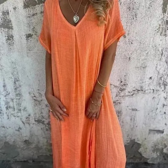 Women Casual Solid Color Cotton Linen V-Neck Short Sleeve Loose Dress Women Casual Solid Color Cotton Linen V-Neck Short Sleeve Loose Dress