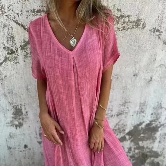 Women Casual Solid Color Cotton Linen V-Neck Short Sleeve Loose Dress Women Casual Solid Color Cotton Linen V-Neck Short Sleeve Loose Dress