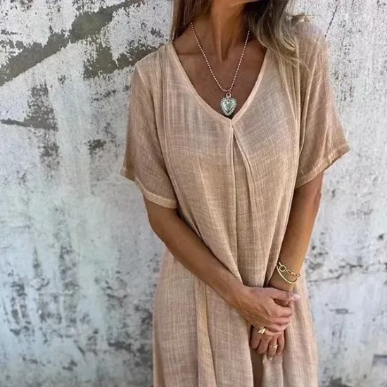 Women Casual Solid Color Cotton Linen V-Neck Short Sleeve Loose Dress Women Casual Solid Color Cotton Linen V-Neck Short Sleeve Loose Dress