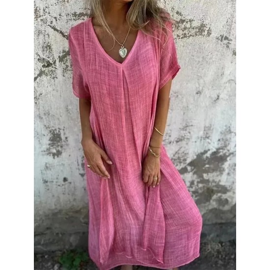 Women Casual Solid Color Cotton Linen V-Neck Short Sleeve Loose Dress Women Casual Solid Color Cotton Linen V-Neck Short Sleeve Loose Dress