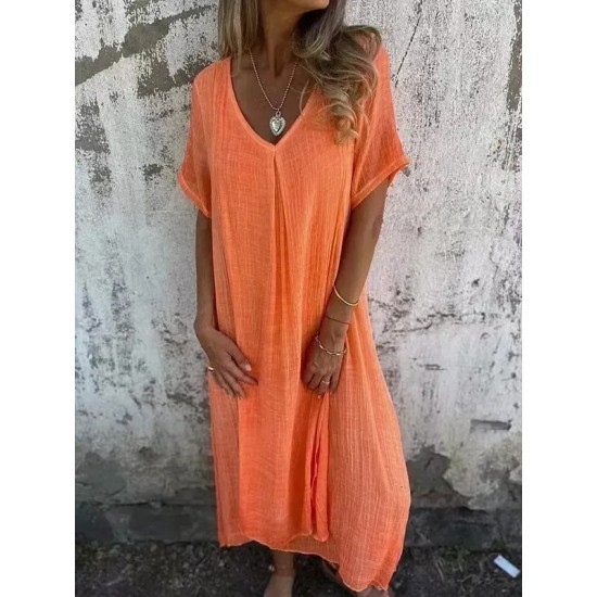 Women Casual Solid Color Cotton Linen V-Neck Short Sleeve Loose Dress Women Casual Solid Color Cotton Linen V-Neck Short Sleeve Loose Dress