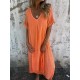 Women Casual Solid Color Cotton Linen V-Neck Short Sleeve Loose Dress Women Casual Solid Color Cotton Linen V-Neck Short Sleeve Loose Dress
