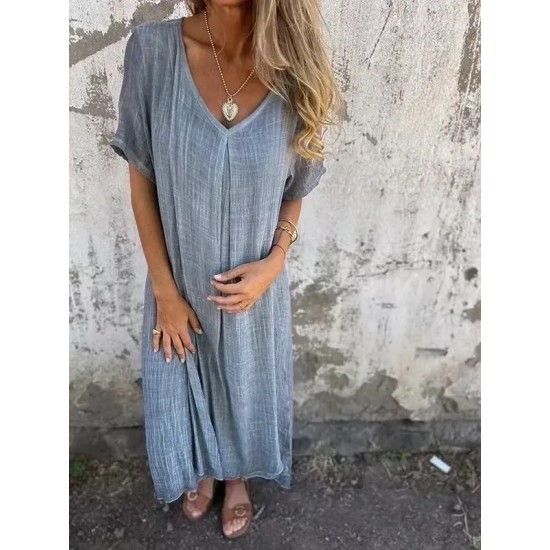 Women Casual Solid Color Cotton Linen V-Neck Short Sleeve Loose Dress Women Casual Solid Color Cotton Linen V-Neck Short Sleeve Loose Dress