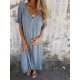Women Casual Solid Color Cotton Linen V-Neck Short Sleeve Loose Dress Women Casual Solid Color Cotton Linen V-Neck Short Sleeve Loose Dress
