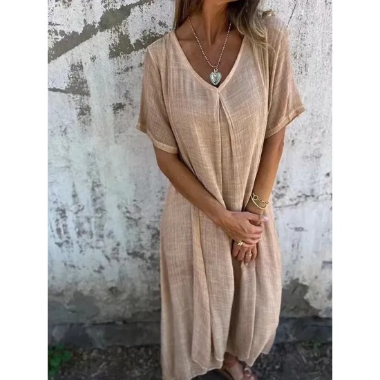 Women Casual Solid Color Cotton Linen V-Neck Short Sleeve Loose Dress Women Casual Solid Color Cotton Linen V-Neck Short Sleeve Loose Dress