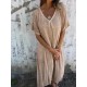Women Casual Solid Color Cotton Linen V-Neck Short Sleeve Loose Dress Women Casual Solid Color Cotton Linen V-Neck Short Sleeve Loose Dress