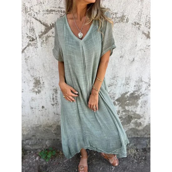 Women Casual Solid Color Cotton Linen V-Neck Short Sleeve Loose Dress Women Casual Solid Color Cotton Linen V-Neck Short Sleeve Loose Dress