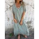 Women Casual Solid Color Cotton Linen V-Neck Short Sleeve Loose Dress Women Casual Solid Color Cotton Linen V-Neck Short Sleeve Loose Dress