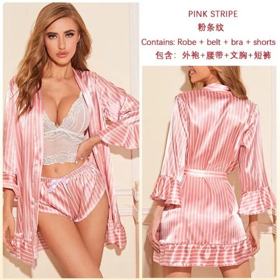 Summer Women Fashion Sexy Silk Stripe Heart-Shaped Printed Home Pajamas Set Summer Women Fashion Sexy Silk Stripe Heart-Shaped Printed Home Pajamas Set