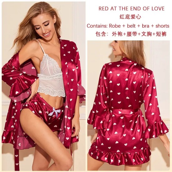 Summer Women Fashion Sexy Silk Stripe Heart-Shaped Printed Home Pajamas Set Summer Women Fashion Sexy Silk Stripe Heart-Shaped Printed Home Pajamas Set