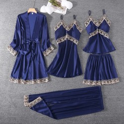 Women Summer Ice Silk Sexy Silk Sling Lace Pajamas Five-Piece Set Women Summer Ice Silk Sexy Silk Sling Lace Pajamas Five-Piece Set