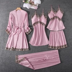 Women Summer Ice Silk Sexy Silk Sling Lace Pajamas Five-Piece Set Women Summer Ice Silk Sexy Silk Sling Lace Pajamas Five-Piece Set