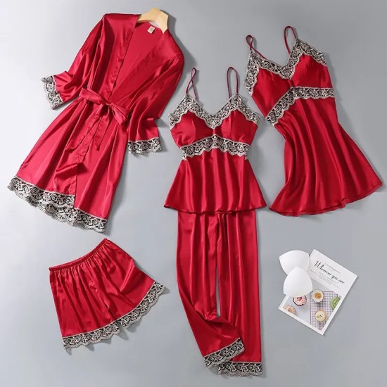 Women Summer Ice Silk Sexy Silk Sling Lace Pajamas Five-Piece Set Women Summer Ice Silk Sexy Silk Sling Lace Pajamas Five-Piece Set