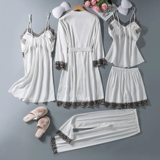 Women Summer Ice Silk Sexy Silk Sling Lace Pajamas Five-Piece Set Women Summer Ice Silk Sexy Silk Sling Lace Pajamas Five-Piece Set