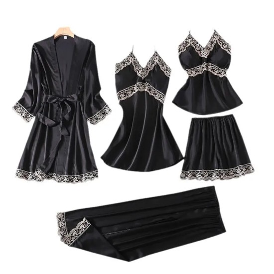 Women Summer Ice Silk Sexy Silk Sling Lace Pajamas Five-Piece Set Women Summer Ice Silk Sexy Silk Sling Lace Pajamas Five-Piece Set