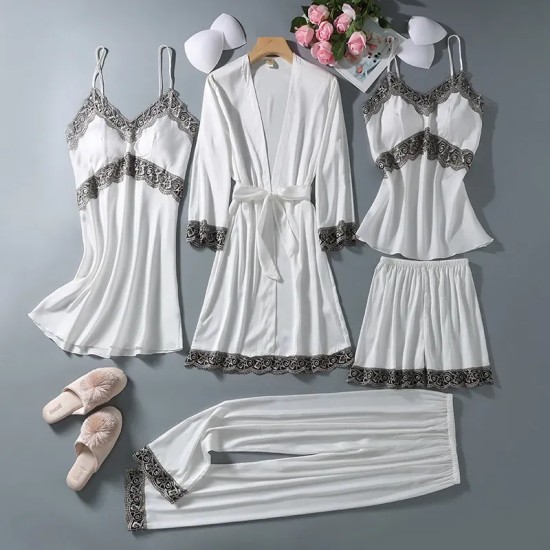 Women Summer Ice Silk Sexy Silk Sling Lace Pajamas Five-Piece Set Women Summer Ice Silk Sexy Silk Sling Lace Pajamas Five-Piece Set