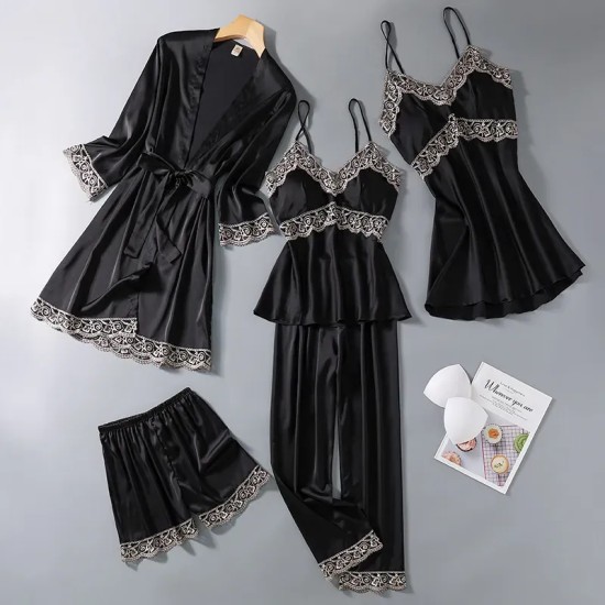 Women Summer Ice Silk Sexy Silk Sling Lace Pajamas Five-Piece Set Women Summer Ice Silk Sexy Silk Sling Lace Pajamas Five-Piece Set