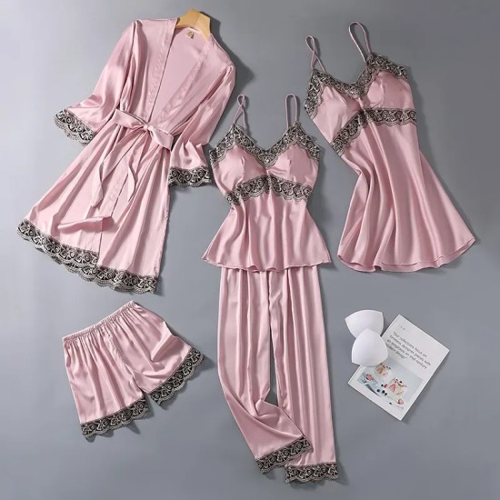 Women Summer Ice Silk Sexy Silk Sling Lace Pajamas Five-Piece Set Women Summer Ice Silk Sexy Silk Sling Lace Pajamas Five-Piece Set