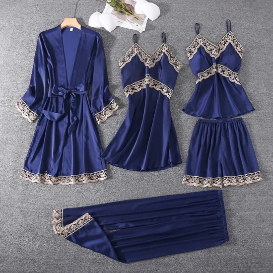 Women Summer Ice Silk Sexy Silk Sling Lace Pajamas Five-Piece Set Women Summer Ice Silk Sexy Silk Sling Lace Pajamas Five-Piece Set