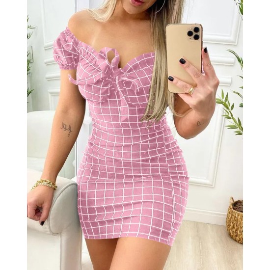 Women Fashion Sexy Plaid Printed Off Shoulder Slim Fit Dress Women Fashion Sexy Plaid Printed Off Shoulder Slim Fit Dress