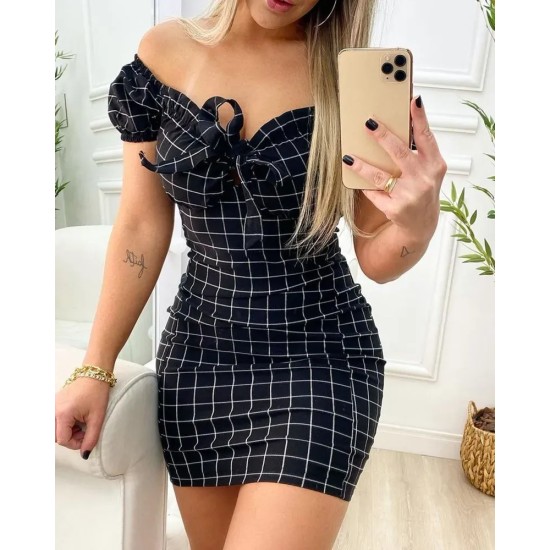 Women Fashion Sexy Plaid Printed Off Shoulder Slim Fit Dress Women Fashion Sexy Plaid Printed Off Shoulder Slim Fit Dress