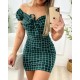 Women Fashion Sexy Plaid Printed Off Shoulder Slim Fit Dress Women Fashion Sexy Plaid Printed Off Shoulder Slim Fit Dress