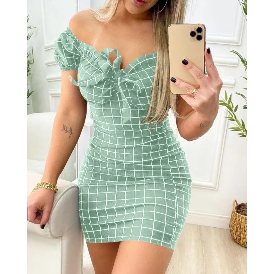Women Fashion Sexy Plaid Printed Off Shoulder Slim Fit Dress Women Fashion Sexy Plaid Printed Off Shoulder Slim Fit Dress
