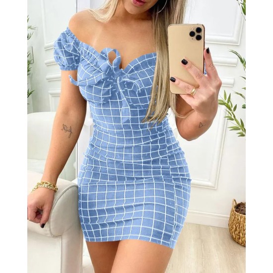 Women Fashion Sexy Plaid Printed Off Shoulder Slim Fit Dress Women Fashion Sexy Plaid Printed Off Shoulder Slim Fit Dress