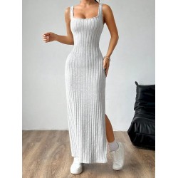 Women Fashion Sexy Solid Color Stripe Sleeveless Backless Split Dress Women Fashion Sexy Solid Color Stripe Sleeveless Backless Split Dress