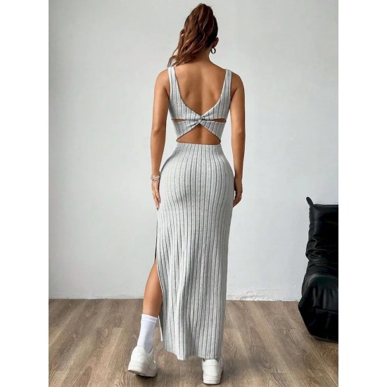 Women Fashion Sexy Solid Color Stripe Sleeveless Backless Split Dress Women Fashion Sexy Solid Color Stripe Sleeveless Backless Split Dress