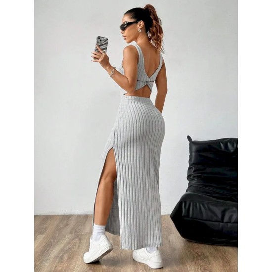 Women Fashion Sexy Solid Color Stripe Sleeveless Backless Split Dress Women Fashion Sexy Solid Color Stripe Sleeveless Backless Split Dress