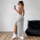 Women Fashion Sexy Solid Color Stripe Sleeveless Backless Split Dress Women Fashion Sexy Solid Color Stripe Sleeveless Backless Split Dress