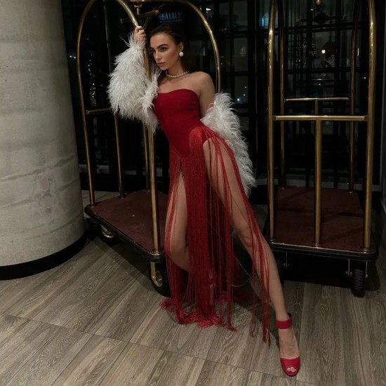 Women Fashion Sexy Solid Color Splicing Tube Tassel Slim Fit Dress Women Fashion Sexy Solid Color Splicing Tube Tassel Slim Fit Dress
