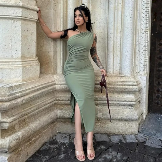 Women Fashion Sexy Solid Color Slant Shoulder Sleeveless Slim Fit Dress Women Fashion Sexy Solid Color Slant Shoulder Sleeveless Slim Fit Dress