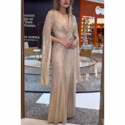 Women Fashion Sexy Elegant Solid Color Sequins V-Neck Long-Sleeve Loose Party Dress Women Fashion Sexy Elegant Solid Color Sequins V-Neck Long-Sleeve Loose Party Dress